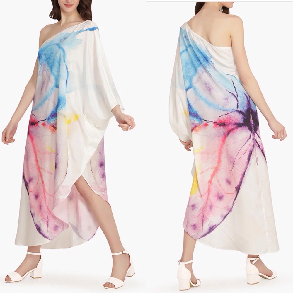 America & Beyond Rainbow Butterfly One Shoulder Dress Sz S